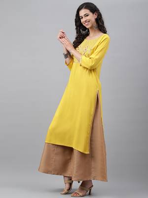 Janasya women's mustard rayon slub solid straight kurta 5