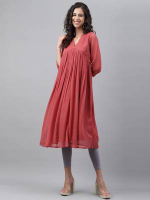 Janasya women's pink dobby chiffon self design empire kurta 1