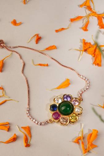Gold plated kundan traditional navratna rakhi bracelet