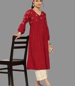 Janasya women's maroon rayon solid gathered kurta