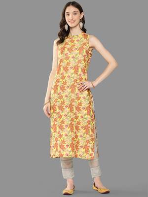 Janasya women's yellow moss digital printed straight kurta 1