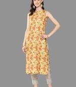 Janasya women's yellow moss digital printed straight kurta