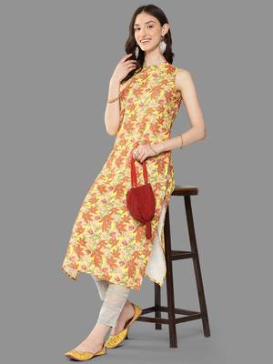 Janasya women's yellow moss digital printed straight kurta 2