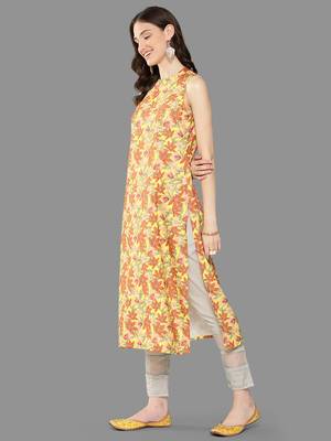 Janasya women's yellow moss digital printed straight kurta 3