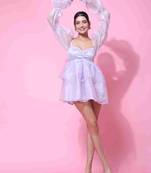 Floral plain puff sleeve lavender tissue dress for women
