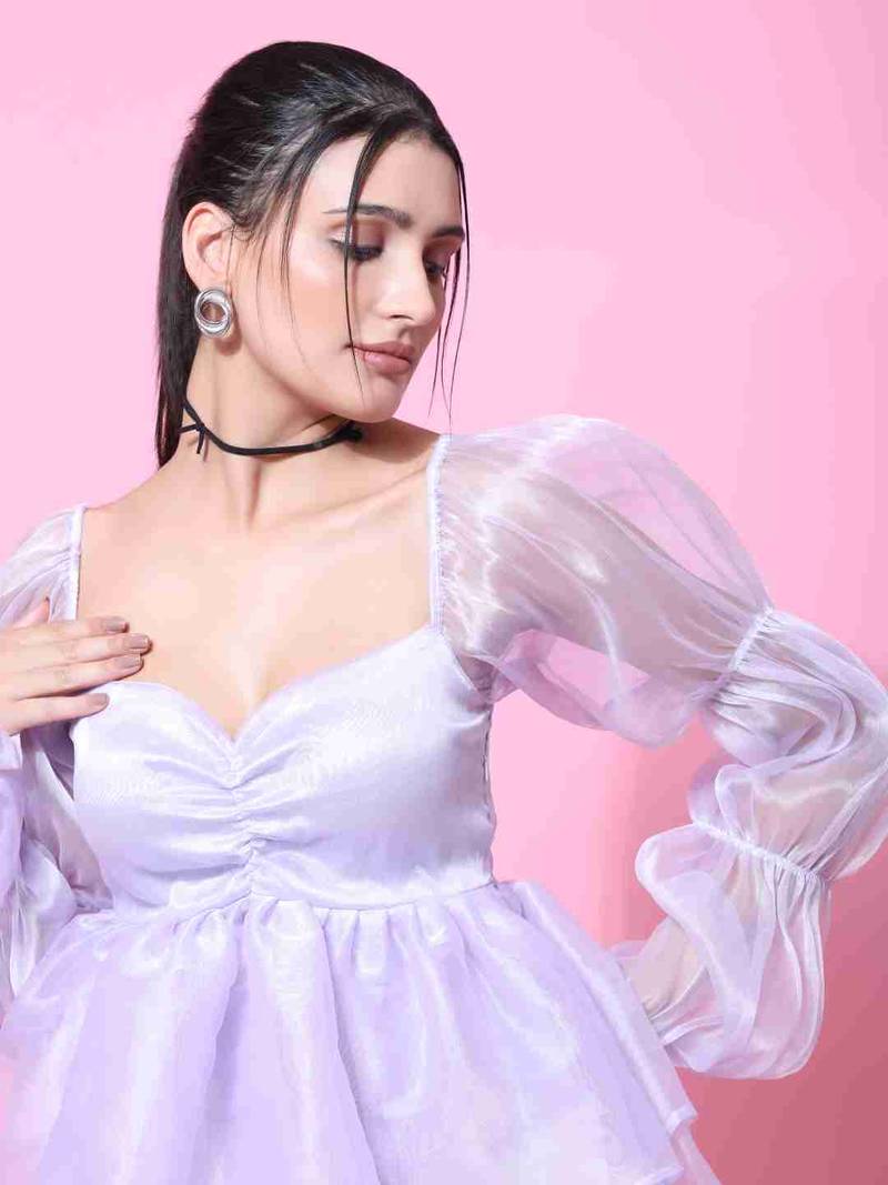 Floral plain puff sleeve lavender tissue dress for women