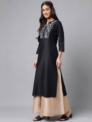 Janasya women's black silk solid straight kurta 4