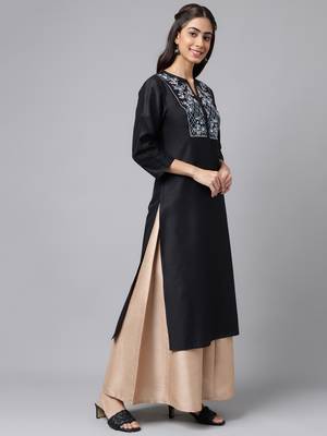 Janasya women's black silk solid straight kurta 5