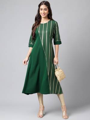 Janasya women's dark green crepe foil printed a-line kurta 1
