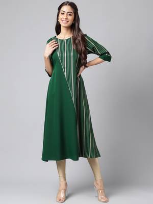 Janasya women's dark green crepe foil printed a-line kurta 2