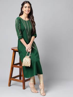 Janasya women's dark green crepe foil printed a-line kurta 3