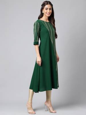 Janasya women's dark green crepe foil printed a-line kurta 4