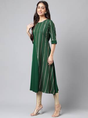 Janasya women's dark green crepe foil printed a-line kurta 5