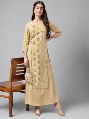 Janasya women's beige crepe foil printed a-line kurta 1