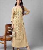 Janasya women's beige crepe foil printed a-line kurta