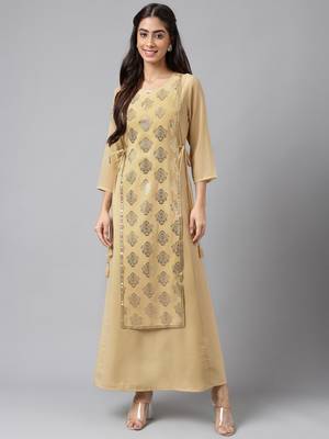 Janasya women's beige crepe foil printed a-line kurta 2
