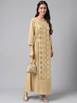 Janasya women's beige crepe foil printed a-line kurta 3