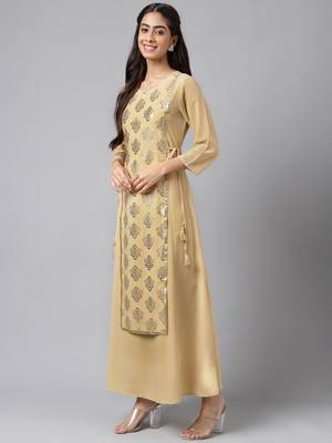 Janasya women's beige crepe foil printed a-line kurta 5