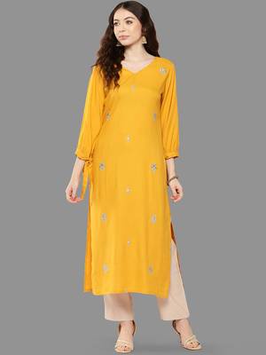 Janasya women's mustard rayon embroidered straight kurta 1