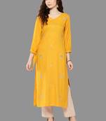 Janasya women's mustard rayon embroidered straight kurta