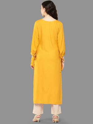 Janasya women's mustard rayon embroidered straight kurta 5