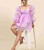 Floral plain puff sleeve lavender organza dress for women