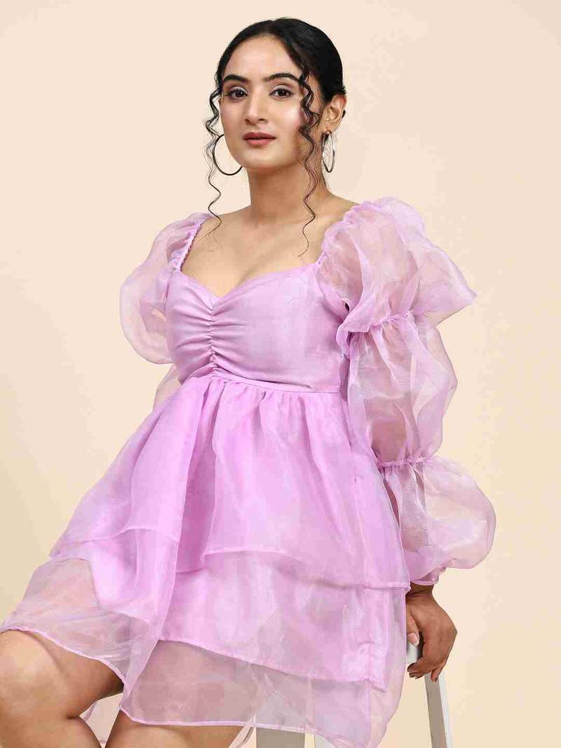 Floral plain puff sleeve lavender organza dress for women