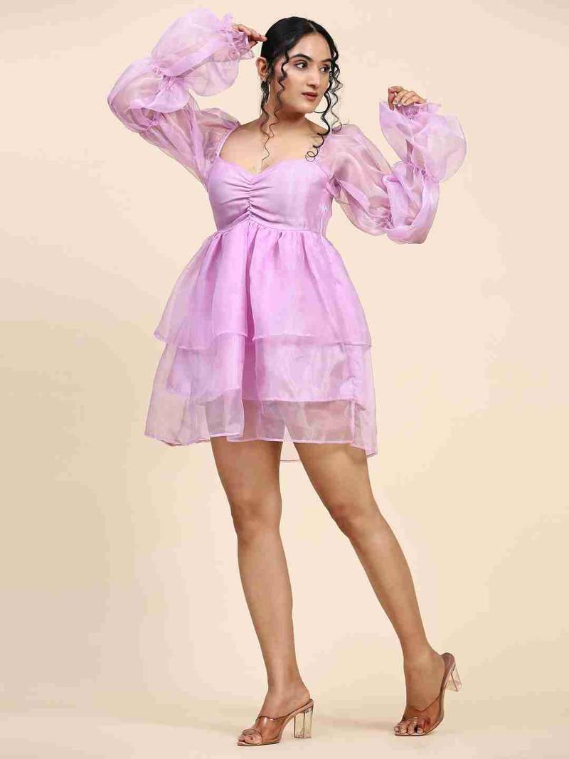 Floral plain puff sleeve lavender organza dress for women