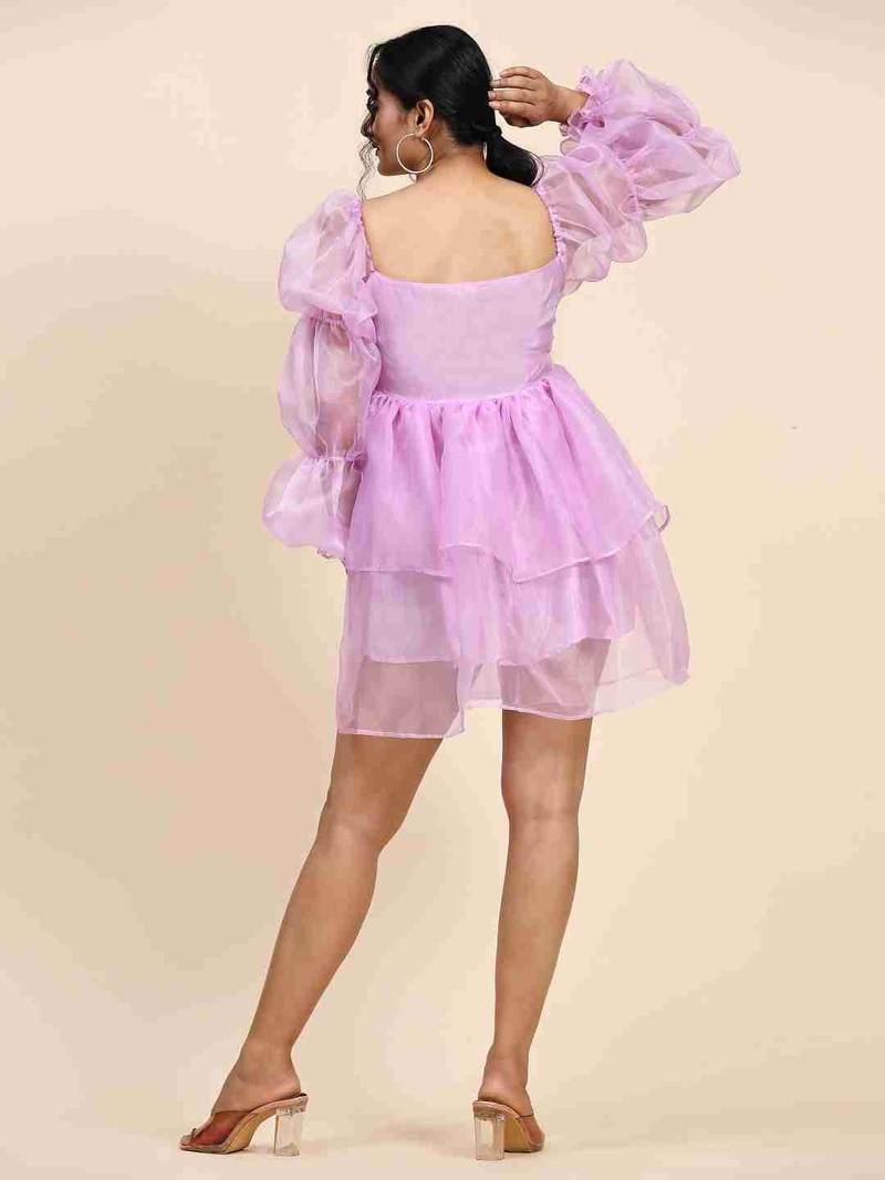 Floral plain puff sleeve lavender organza dress for women