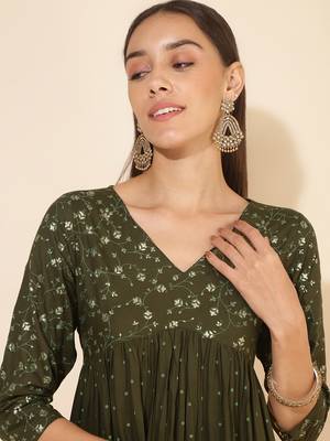 Janasya women's olive rayon yoke foil printed a-line kurta 5