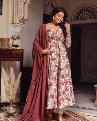 Festival wear flower print muslin anarkali suit with georgette dupatta sets 1