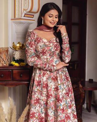 Festival wear flower print muslin anarkali suit with georgette dupatta sets 2