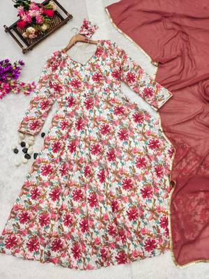 Festival wear flower print muslin anarkali suit with georgette dupatta sets 4