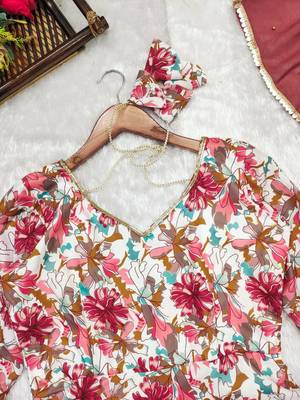 Festival wear flower print muslin anarkali suit with georgette dupatta sets 5