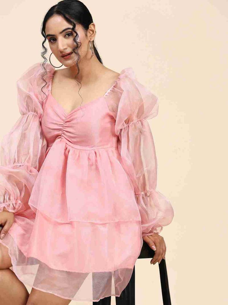 Floral plain puff sleeve peach organza dress for women