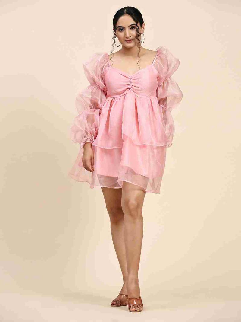 Floral plain puff sleeve peach organza dress for women