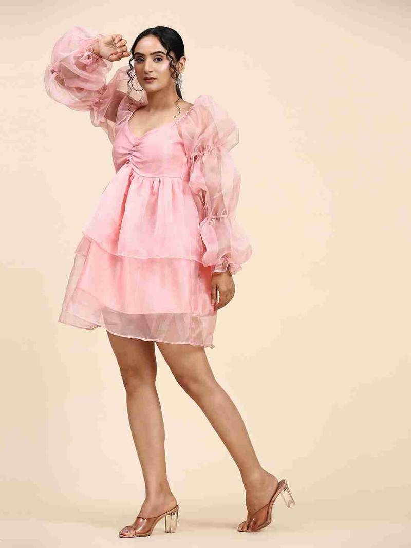 Floral plain puff sleeve peach organza dress for women