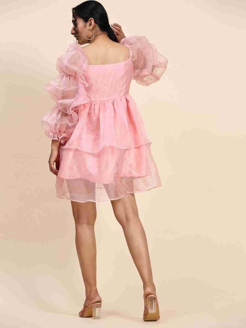 Floral plain puff sleeve peach organza dress for women