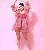 Floral printed puff sleeve red organza dress for women