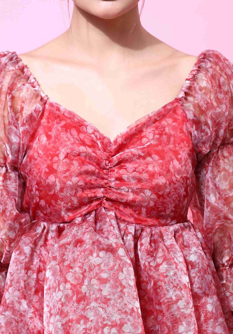 Floral printed puff sleeve red organza dress for women
