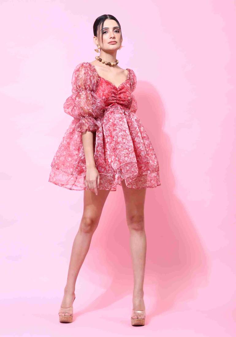Floral printed puff sleeve red organza dress for women