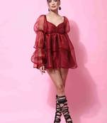Floral plain puff sleeve maroon organza dress for women