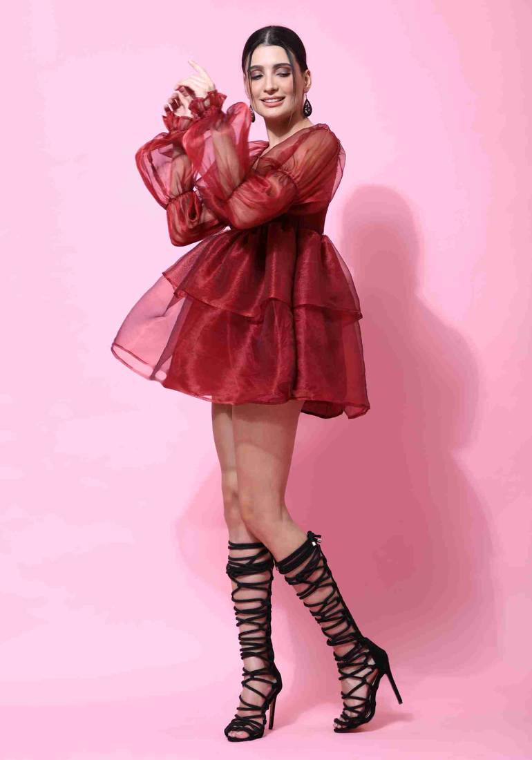 Floral plain puff sleeve maroon organza dress for women