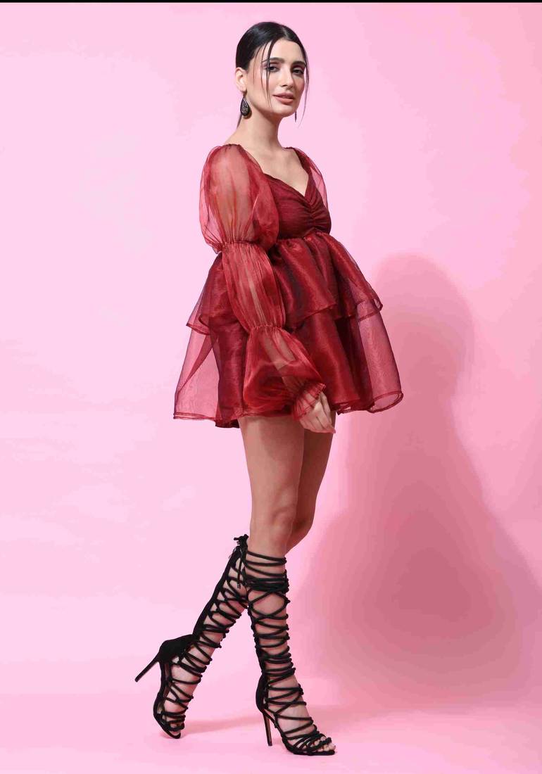 Floral plain puff sleeve maroon organza dress for women