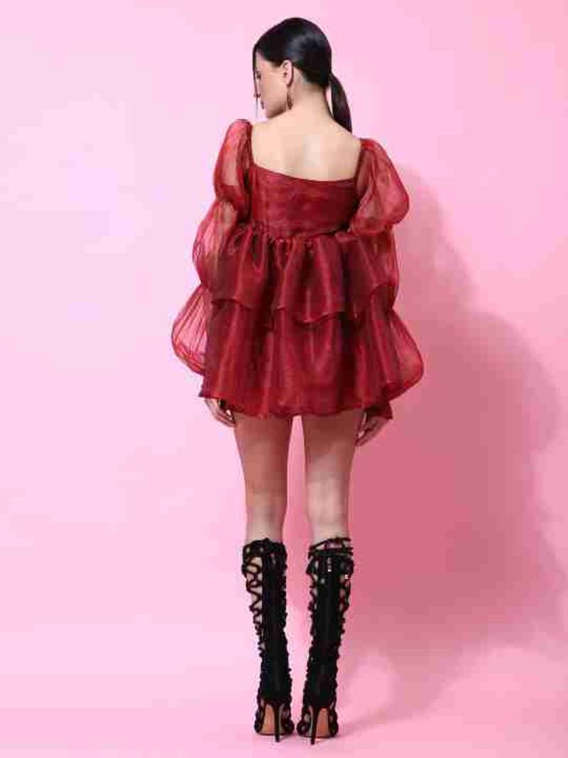 Floral plain puff sleeve maroon organza dress for women