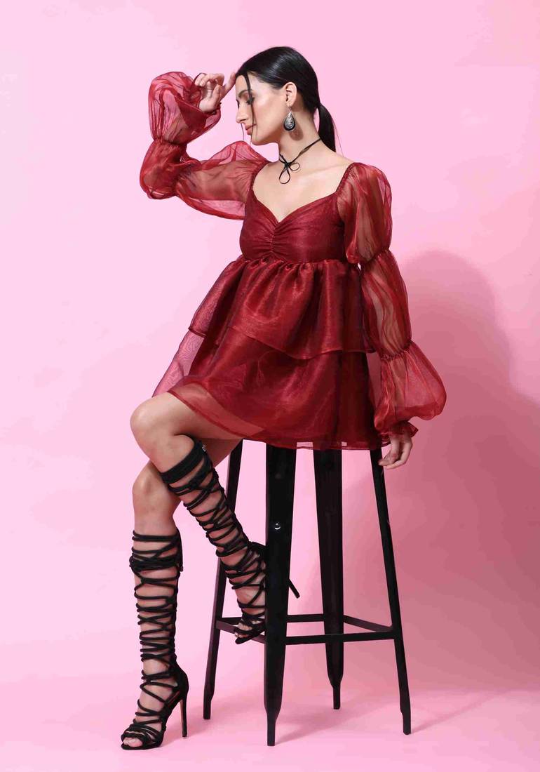 Floral plain puff sleeve maroon organza dress for women
