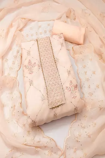 Peach colour with embroidered work georgette semi stitched dress with unstitched bottom