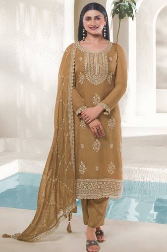 Beige organza embroidery party wear salwar suit
