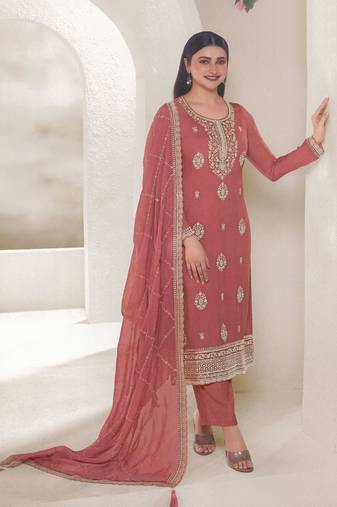 Peach organza embroidery party wear salwar suit