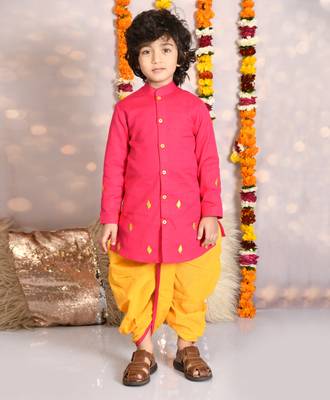 Hot pink embroidered kurta with yellow dhoti boys 1